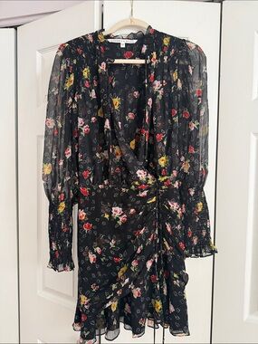 Veronica Beard Black Floral Wrap Silk Dress